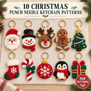 Può includere: Dieci modelli di portachiavi punch needle con disegni natalizi tra cui Babbo Natale, un pupazzo di neve, una renna, un omino di pan di zenzero, un albero, una calza, un bastoncino di zucchero, una pallina, un pinguino e un regalo, con il testo 10 CHRISTMAS PUNCH NEEDLE KEYCHAIN PATTERNS.