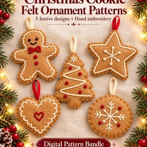 Könnte beinhalten: Ein digitales Schnittmuster-Set für fünf Weihnachtsanhänger aus Filz in Keksform mit Handstickerei. Das Set enthält Vorlagen für einen Lebkuchenmann, einen Tannenbaum, einen Stern, ein Herz und einen runden Keks mit weiß-roten Stickereien.