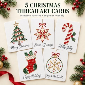 May include: Five white rectangular cards featuring Christmas thread art designs. The cards display a green tree, a red star ornament, a red and white candy cane, a red stocking, and a gold snowflake ornament, each with holiday text below.