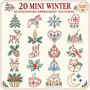 Könnte beinhalten: Eine Sammlung von 20 kleinen skandinavischen Winter-Stickmustern mit roten, grünen und blauen Konturstichen. Die Motive umfassen einen Weihnachtsbaum, ein Dala-Pferd, eine Schneeflocke, einen Fäustling, ein Rentier, eine Kerze, ein Herz, eine Hütte, einen Tannenzapfen, einen Strumpf, eine Laterne, einen Vogel, Skier, Stechpalme, eine Glocke, einen Fuchs, einen Korb, eine Tasse, ein Lebkuchenhaus und einen Mond.