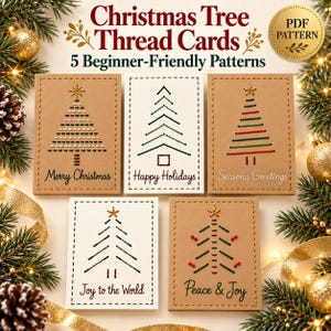 Mall för julkort med tråd, 5 mönster med broderikort av pappersgranar, nyp-och-stygn-mönster, broderikort, digital nedladdning i PDF-format