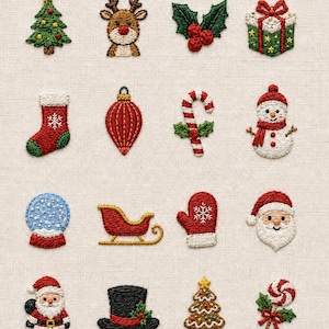 Può includere: Una collezione di 40 Mini Christmas Hand Embroidery Motifs con disegni ricamati a mano di un albero, renna, agrifoglio, regalo, calza, ornamento, bastoncino di zucchero, pupazzo di neve, palla di neve, slitta, guanto, Babbo Natale, cilindro e lecca-lecca.