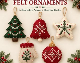 Op de afbeelding: Vijf vilten ornamenten met Scandinavische kerstmotieven, waaronder een groene boom, rode bel, crèmekleurige ster, crèmekleurige want en rode bal. Elk ornament heeft borduursels, een ophanglus en de tekst NORDIC CHRISTMAS FELT ORNAMENTS 5 Embroidery Patterns + Illustrated Guides.