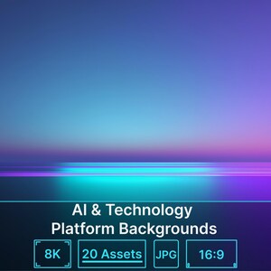 May include: A digital graphic featuring a gradient horizon transitioning from deep blue to vibrant purple. The text reads: TechnologyAIHorizon Collection, AI & Technology Platform Backgrounds, 8K, 20 Assets, JPG, 16:9, and Commercial License Included.