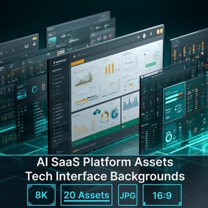 Op de afbeelding: Een digitale collectie van AI SaaS-platformassets en tech-interface-achtergronden met donkere dashboards met teal en witte datavisualisaties, grafieken en diagrammen weergegeven op meerdere zwevende schermen tegen een rasterpatroon.