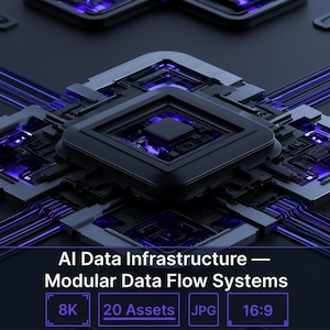 Può includere: Un grafico digitale con un'unità di elaborazione centrale nera circondata da moduli quadrati interconnessi con circuiti viola luminosi. Il testo recita: AI Data Infrastructure — Modular Data Flow Systems, Technology AI Horizon Collection, 8K, 20 Assets, JPG, 16:9, Commercial License Included.