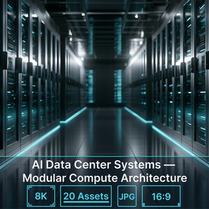 Op de afbeelding: Een serverruimte met rijen zwarte serverkasten met gloeiende cyaan lichten. De tekst luidt: AI Data Center Systems — Modular Compute Architecture, Technology AI Horizon Collection, 8K, 20 Assets, JPG, 16:9, en Commercial License Included.