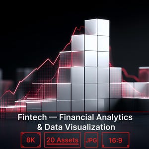 May include: A digital graphic featuring a 3D bar chart made of silver cubes against a black background, overlaid with a glowing red line graph. Text reads: Fintech — Financial Analytics & Data Visualization, TechnologyAIHorizon Collection, 8K, 20 Assets, JPG, 16:9, Commercial License Included.