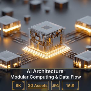 May include: A central translucent cube with intricate internal circuitry sits on a glowing base, surrounded by four smaller identical units on a dark surface. Text reads: AI Architecture, Modular Computing & Data Flow, 8K, 20 Assets, JPG, 16:9.