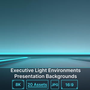 May include: A digital graphic featuring a smooth teal gradient background with horizontal glowing cyan light lines. Text reads: Executive Light Environments Presentation Backgrounds, TechnologyAIHorizon Collection, 8K, 20 Assets, JPG, 16:9, Commercial License Included.