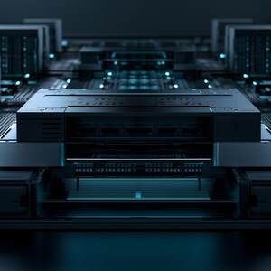 May include: A high-performance server rack system featuring a central black hardware unit with multiple ports, surrounded by symmetrical rows of dark metallic server modules illuminated by subtle blue light accents across the complex circuitry.