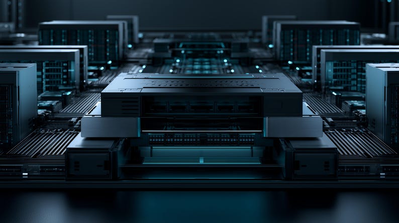 May include: A high-performance server rack system featuring a central black hardware unit with multiple ports, surrounded by symmetrical rows of dark metallic server modules illuminated by subtle blue light accents across the complex circuitry.