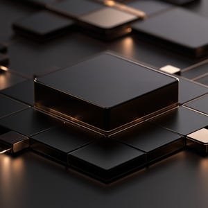 K&ouml;nnte beinhalten: Ein zentraler schwarzer quadratischer Block, der &uuml;ber einem Gitter aus kleineren schwarzen quadratischen Kacheln erh&ouml;ht ist. D&uuml;nne metallische goldene Linien verbinden die Kacheln und erzeugen ein Netzwerkmuster. Die Oberfl&auml;che ist matt und glatt.