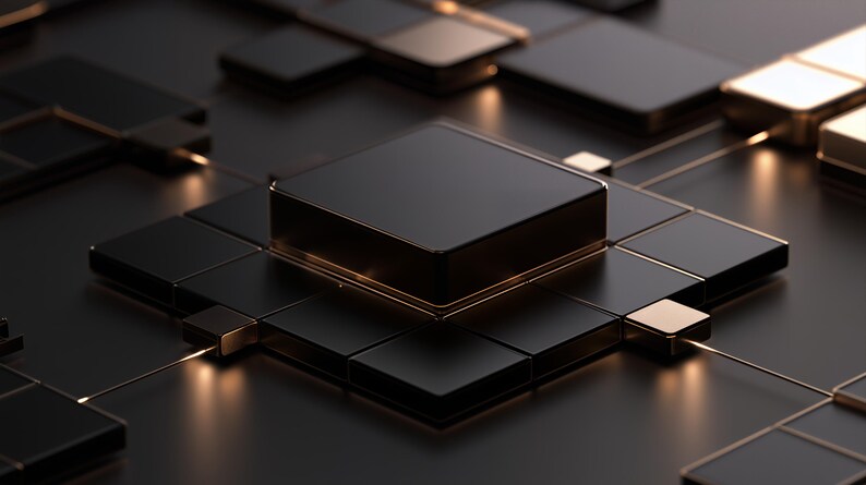 K&ouml;nnte beinhalten: Ein zentraler schwarzer quadratischer Block, der &uuml;ber einem Gitter aus kleineren schwarzen quadratischen Kacheln erh&ouml;ht ist. D&uuml;nne metallische goldene Linien verbinden die Kacheln und erzeugen ein Netzwerkmuster. Die Oberfl&auml;che ist matt und glatt.