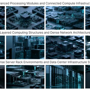 May include: A grid of twelve digital illustrations depicting advanced processing modules, layered computing structures, and enterprise server rack environments. The images feature dark blue and teal circuitry with glowing light accents and text.
