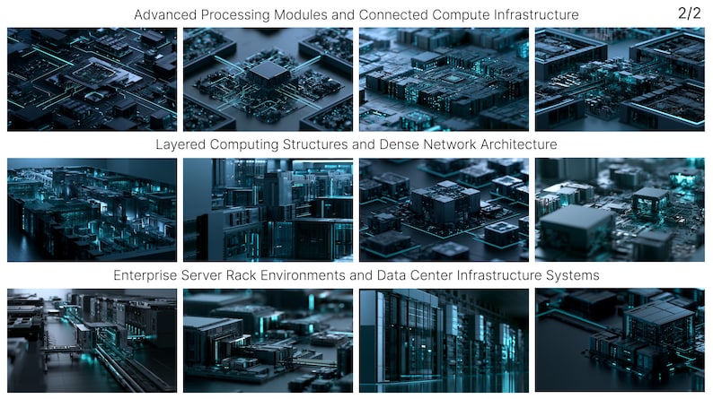 May include: A grid of twelve digital illustrations depicting advanced processing modules, layered computing structures, and enterprise server rack environments. The images feature dark blue and teal circuitry with glowing light accents and text.