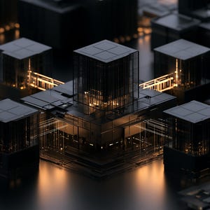 K&ouml;nnte beinhalten: Eine digitale Darstellung einer dunklen, geometrischen Architekturstruktur mit mehreren miteinander verbundenen w&uuml;rfelf&ouml;rmigen T&uuml;rmen. Die Oberfl&auml;chen sind mattschwarz, mit bernsteinfarbenem Licht aus den Innenbereichen und feinen horizontalen Linien.