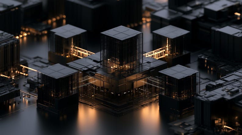 K&ouml;nnte beinhalten: Eine digitale Darstellung einer dunklen, geometrischen Architekturstruktur mit mehreren miteinander verbundenen w&uuml;rfelf&ouml;rmigen T&uuml;rmen. Die Oberfl&auml;chen sind mattschwarz, mit bernsteinfarbenem Licht aus den Innenbereichen und feinen horizontalen Linien.