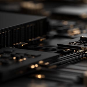 K&ouml;nnte beinhalten: Eine High-Tech-Elektronikplatine mit einer mattschwarzen Oberfl&auml;che, integrierten Komponenten, metallischen Goldakzenten und d&uuml;nnen parallelen Leiterbahnen, die verschiedene rechteckige Module auf der dunklen, komplexen Hardware-Baugruppe verbinden.