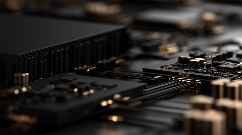 K&ouml;nnte beinhalten: Eine High-Tech-Elektronikplatine mit einer mattschwarzen Oberfl&auml;che, integrierten Komponenten, metallischen Goldakzenten und d&uuml;nnen parallelen Leiterbahnen, die verschiedene rechteckige Module auf der dunklen, komplexen Hardware-Baugruppe verbinden.