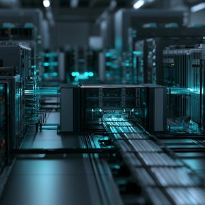 May include: A high-tech server room featuring rows of dark grey server racks with glowing teal light strips. The central aisle contains organised cable management systems and hardware components illuminated by bright cyan light beams.