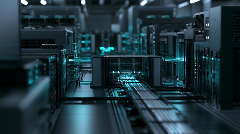 May include: A high-tech server room featuring rows of dark grey server racks with glowing teal light strips. The central aisle contains organised cable management systems and hardware components illuminated by bright cyan light beams.