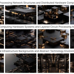 K&ouml;nnte beinhalten: Eine Sammlung von zw&ouml;lf digitalen Bildern, die vernetzte Verarbeitungsnetzwerkstrukturen, verteilte Hardware-Komponenten-Arrays, fortschrittliche Computersysteme und geschichtete Schaltkreis-Verarbeitungsarchitekturen zeigen.