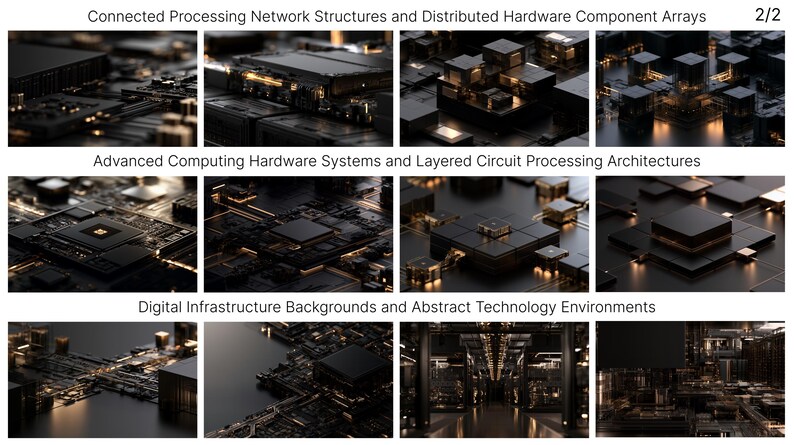 K&ouml;nnte beinhalten: Eine Sammlung von zw&ouml;lf digitalen Bildern, die vernetzte Verarbeitungsnetzwerkstrukturen, verteilte Hardware-Komponenten-Arrays, fortschrittliche Computersysteme und geschichtete Schaltkreis-Verarbeitungsarchitekturen zeigen.