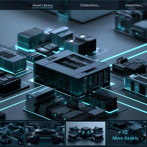 May include: A digital interface for TechnologyAIHorizon displaying a collection of 20 high-quality 8K cloud infrastructure assets. The screen features a dark theme with glowing cyan network lines connecting modular server blocks and data centre units.