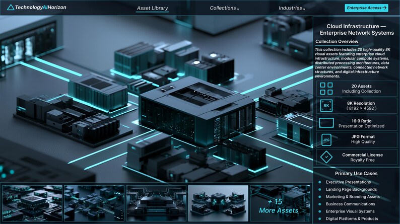 May include: A digital interface for TechnologyAIHorizon displaying a collection of 20 high-quality 8K cloud infrastructure assets. The screen features a dark theme with glowing cyan network lines connecting modular server blocks and data centre units.