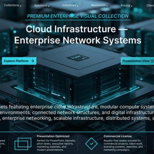 May include: A digital interface for TechnologyAIHorizon featuring a central dark server unit with teal lighting. Text includes Cloud Infrastructure - Enterprise Network Systems, Explore Platform, Presentation View, and Enterprise Access.