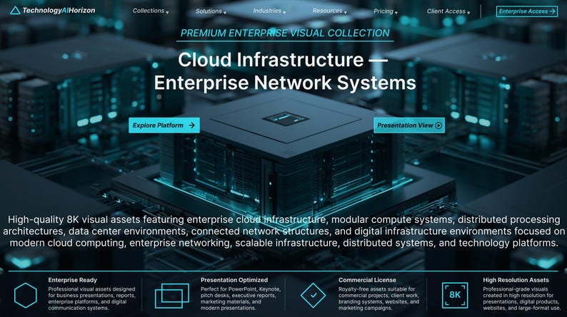 May include: A digital interface for TechnologyAIHorizon featuring a central dark server unit with teal lighting. Text includes Cloud Infrastructure - Enterprise Network Systems, Explore Platform, Presentation View, and Enterprise Access.