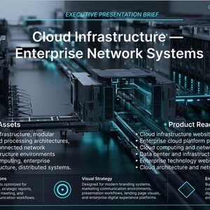 May include: An executive presentation brief titled Cloud Infrastructure Enterprise Network Systems. The slide features a dark, high-tech background with glowing blue accents, listing included assets, product ready applications, and solutions.