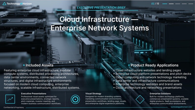 May include: An executive presentation brief titled Cloud Infrastructure Enterprise Network Systems. The slide features a dark, high-tech background with glowing blue accents, listing included assets, product ready applications, and solutions.