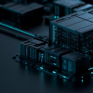 May include: A dark, matte-finished electronic circuit board assembly featuring multiple raised, rectangular block components. The structure is accented with thin, glowing cyan light lines that trace pathways across the dark surface.