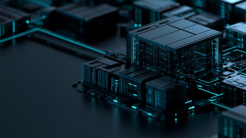 May include: A dark, matte-finished electronic circuit board assembly featuring multiple raised, rectangular block components. The structure is accented with thin, glowing cyan light lines that trace pathways across the dark surface.