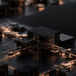 K&ouml;nnte beinhalten: Eine dunkle, mattschwarze elektronische Leiterplatte mit einem zentralen w&uuml;rfelf&ouml;rmigen Prozessorblock, der komplexe, leuchtend orangefarbene lineare Muster und Bahnen aufweist, die &uuml;ber die Oberfl&auml;che verlaufen und verschiedene kleinere quadratische Komponenten verbinden.