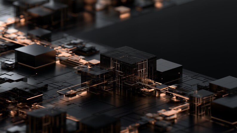 K&ouml;nnte beinhalten: Eine dunkle, mattschwarze elektronische Leiterplatte mit einem zentralen w&uuml;rfelf&ouml;rmigen Prozessorblock, der komplexe, leuchtend orangefarbene lineare Muster und Bahnen aufweist, die &uuml;ber die Oberfl&auml;che verlaufen und verschiedene kleinere quadratische Komponenten verbinden.
