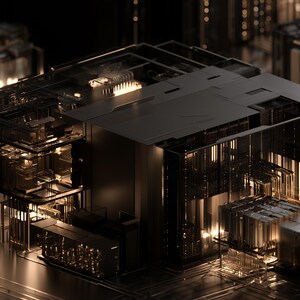 K&ouml;nnte beinhalten: Eine komplexe, dunkel gehaltene elektronische Baugruppe mit einem zentralen mattschwarzen Block, der von komplizierten, transparenten und metallischen Strukturelementen umgeben ist. Warmes, goldenes Licht beleuchtet die interne Gitterstruktur.