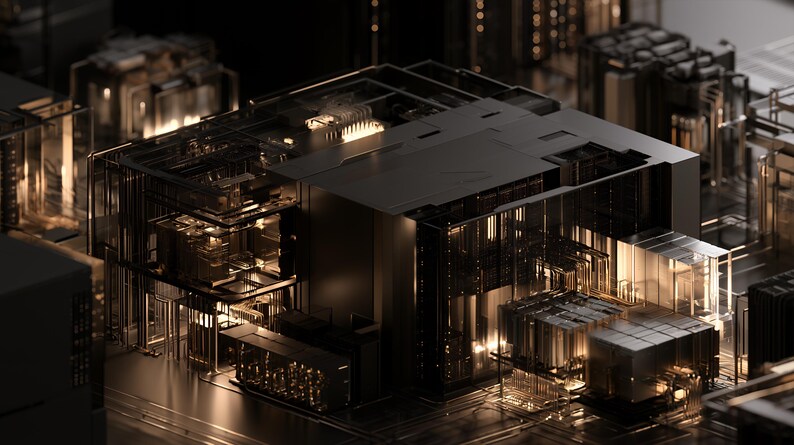 K&ouml;nnte beinhalten: Eine komplexe, dunkel gehaltene elektronische Baugruppe mit einem zentralen mattschwarzen Block, der von komplizierten, transparenten und metallischen Strukturelementen umgeben ist. Warmes, goldenes Licht beleuchtet die interne Gitterstruktur.