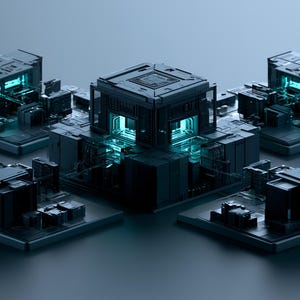 May include: A central dark grey cubic structure surrounded by four smaller matching units, all featuring intricate mechanical panelling and glowing cyan light emanating from the interior chambers, creating a complex geometric arrangement.