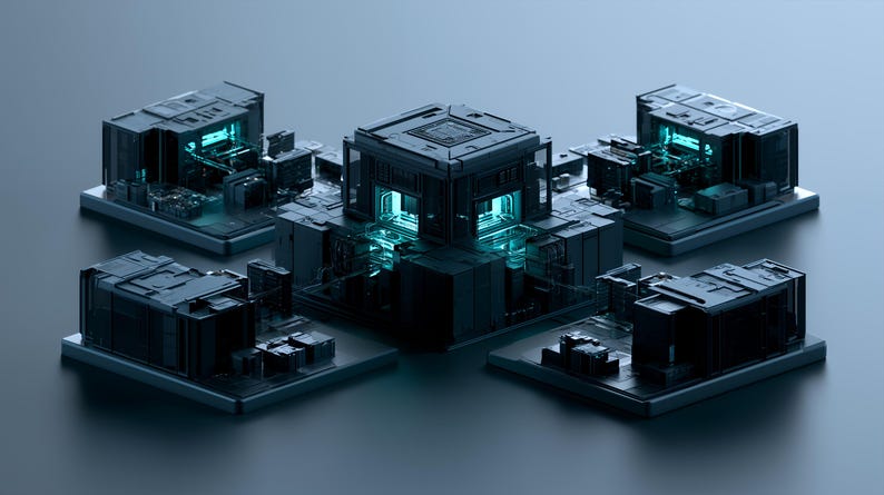 May include: A central dark grey cubic structure surrounded by four smaller matching units, all featuring intricate mechanical panelling and glowing cyan light emanating from the interior chambers, creating a complex geometric arrangement.
