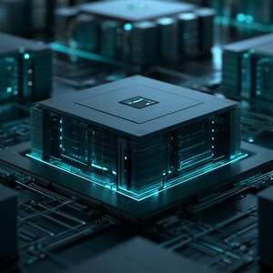 May include: A series of dark grey computer processor chips arranged in a grid pattern on a circuit board, each featuring a central square component with glowing cyan light emanating from the sides and intricate metallic textures throughout.
