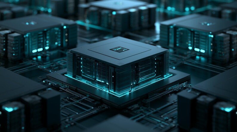 May include: A series of dark grey computer processor chips arranged in a grid pattern on a circuit board, each featuring a central square component with glowing cyan light emanating from the sides and intricate metallic textures throughout.