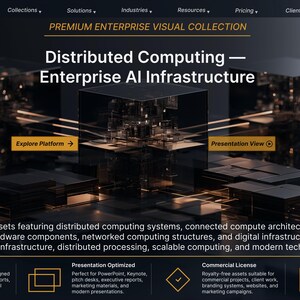 K&ouml;nnte beinhalten: Eine digitale Benutzeroberfl&auml;che f&uuml;r TechnologyAiHorizon mit dem Text Distributed Computing &mdash; Enterprise AI Infrastructure. Das Layout zeigt dunkle, durchscheinende w&uuml;rfelf&ouml;rmige Strukturen, die durch orangefarbene Linien verbunden sind.
