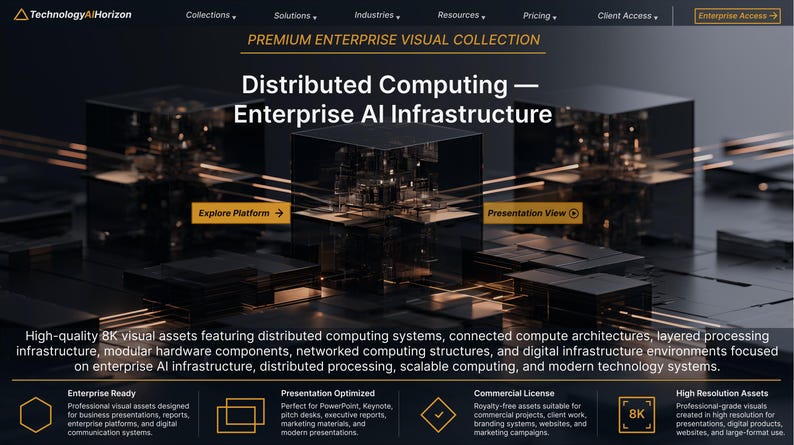 K&ouml;nnte beinhalten: Eine digitale Benutzeroberfl&auml;che f&uuml;r TechnologyAiHorizon mit dem Text Distributed Computing &mdash; Enterprise AI Infrastructure. Das Layout zeigt dunkle, durchscheinende w&uuml;rfelf&ouml;rmige Strukturen, die durch orangefarbene Linien verbunden sind.