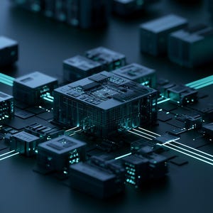 May include: A central dark grey processor unit surrounded by smaller modular blocks on a flat surface, interconnected by glowing cyan light pathways that form a grid-like network across the dark, matte-textured technological landscape.