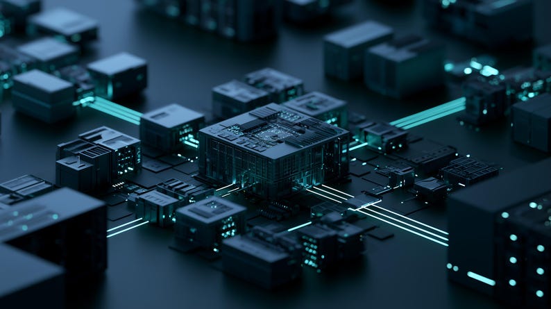 May include: A central dark grey processor unit surrounded by smaller modular blocks on a flat surface, interconnected by glowing cyan light pathways that form a grid-like network across the dark, matte-textured technological landscape.