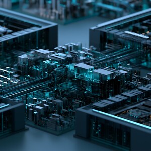 May include: A complex digital circuit board assembly featuring multiple dark grey rectangular modules interconnected by intricate metallic pathways, illuminated by glowing cyan light accents that highlight the technical structure.