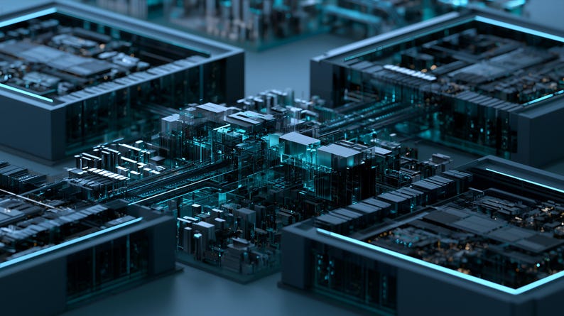 May include: A complex digital circuit board assembly featuring multiple dark grey rectangular modules interconnected by intricate metallic pathways, illuminated by glowing cyan light accents that highlight the technical structure.